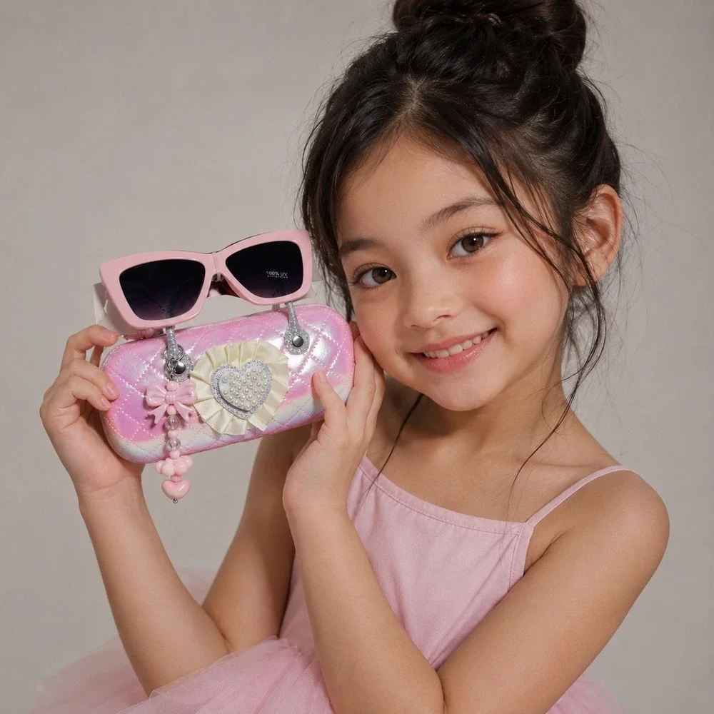 Kids Pink Sunglasses and Quilted Iridescent Heart Case Set UV Protection